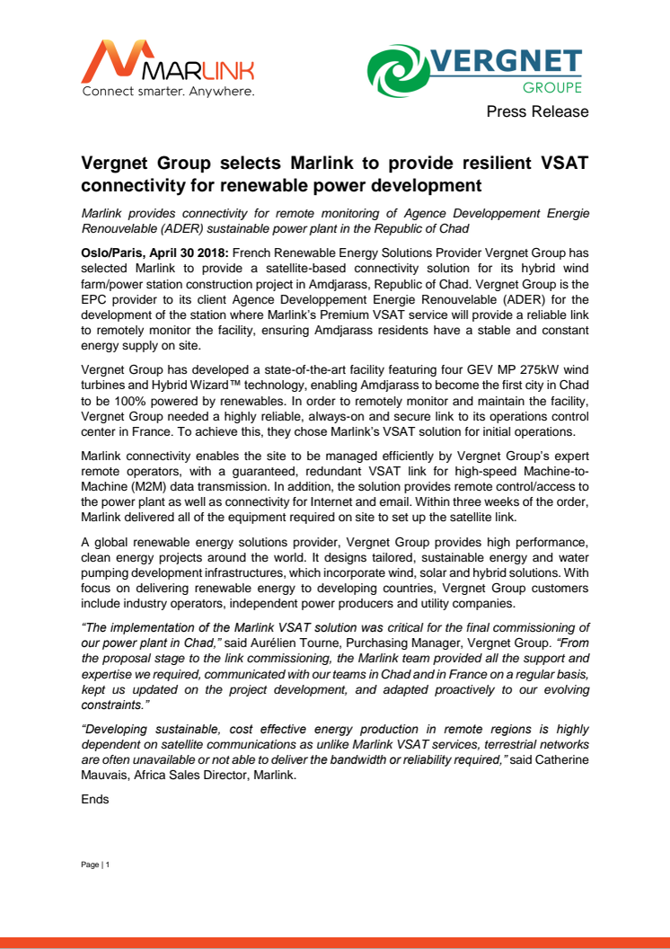 Marlink: Vergnet Group selects Marlink to provide resilient VSAT connectivity for renewable power development