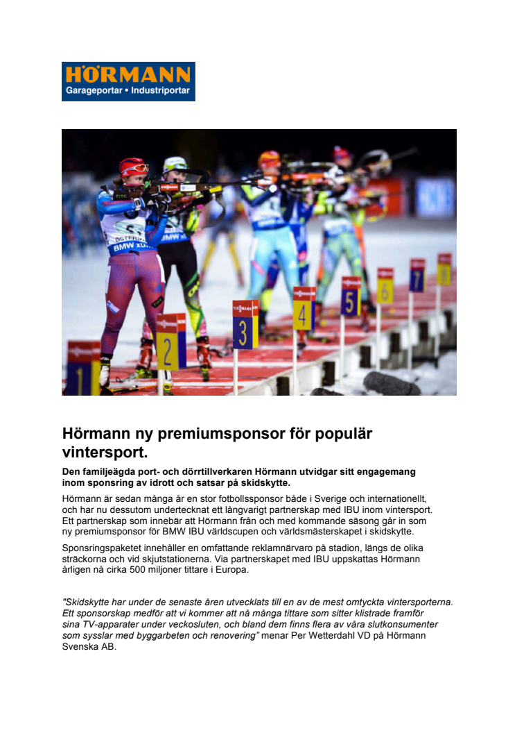 ​Hörmann ny premiumsponsor för populär vintersport.