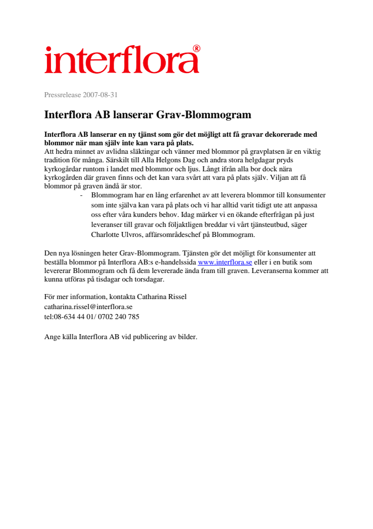 Interflora AB lanserar Grav-Blommogram