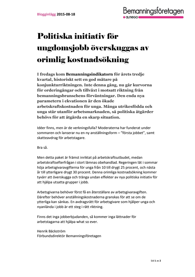 Politiska initiativ för ungdomsjobb överskuggas av orimlig kostnadsökning