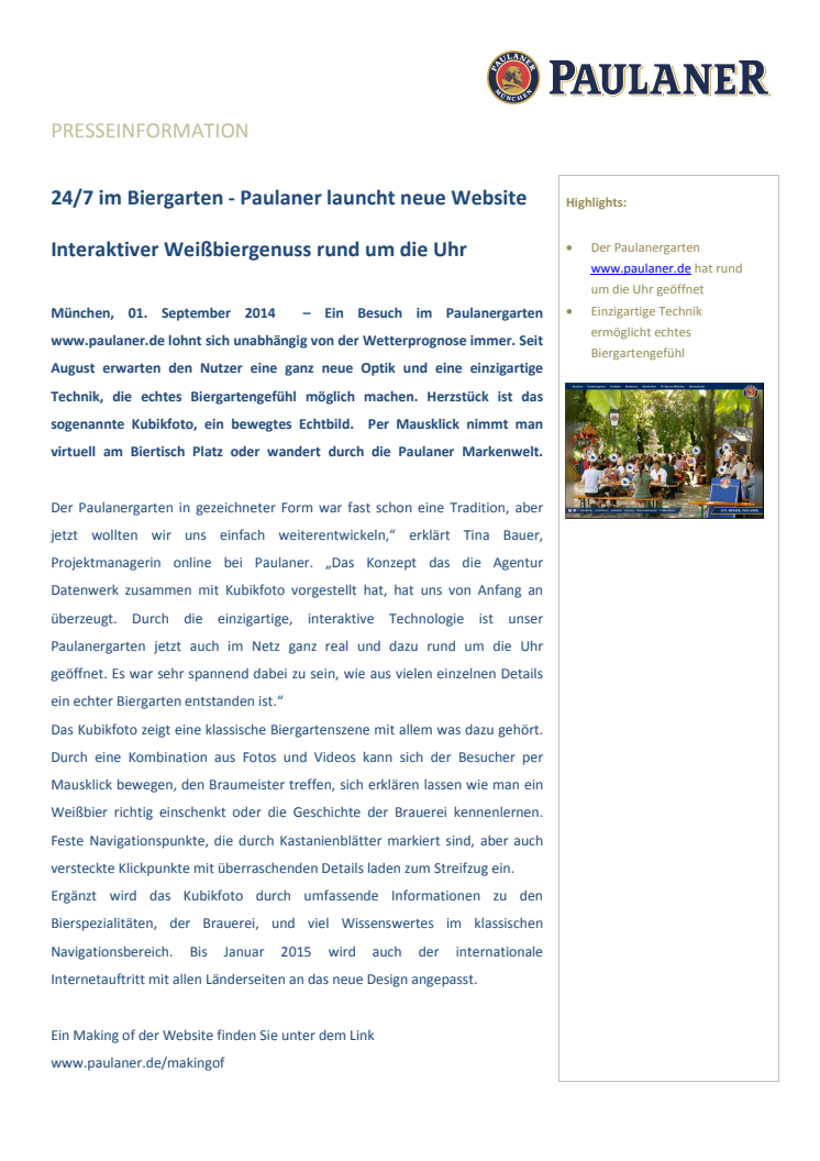 24/7 im Biergarten - Paulaner launcht neue Website
