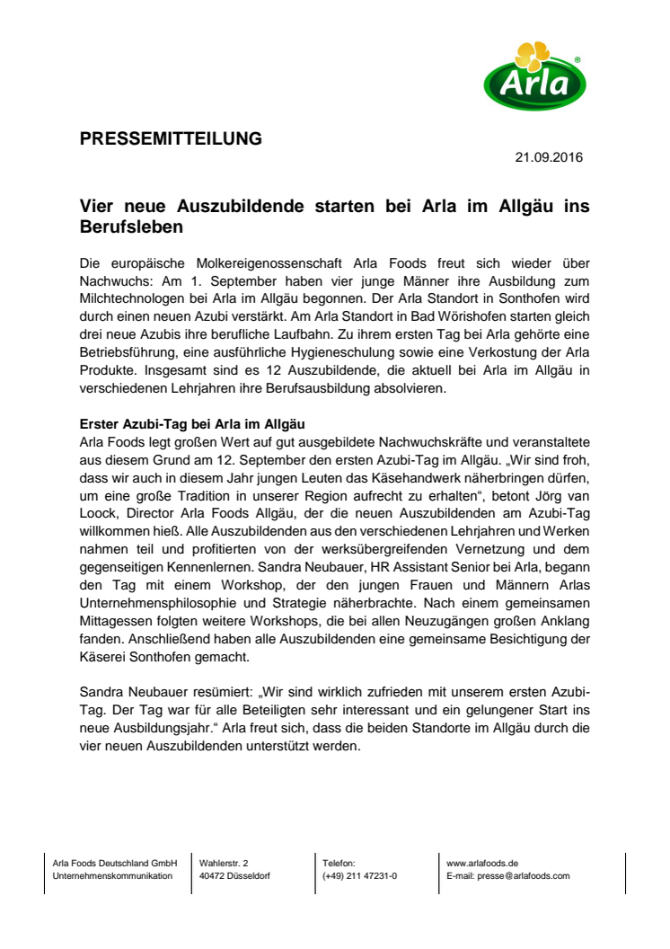 Vier neue Auszubildende starten bei Arla im Allgäu ins Berufsleben