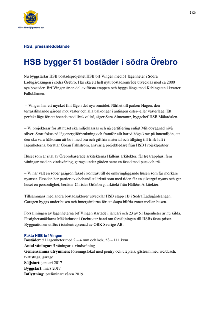 HSB bygger 51 bostäder i södra Örebro
