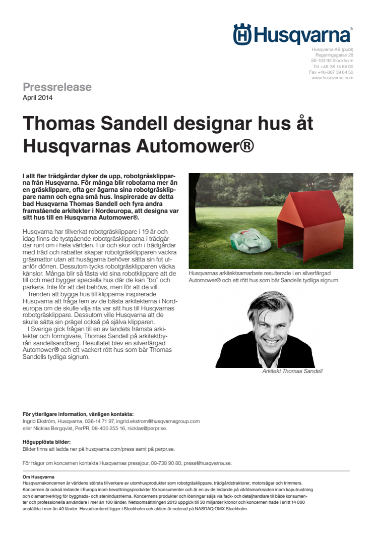 Thomas Sandell designar hus åt Husqvarnas Automower®