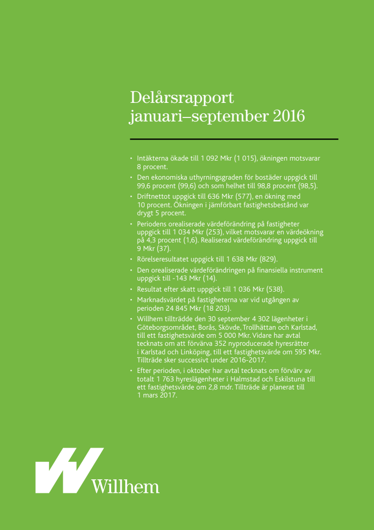 Willhems delårsrapport januari-september 2016