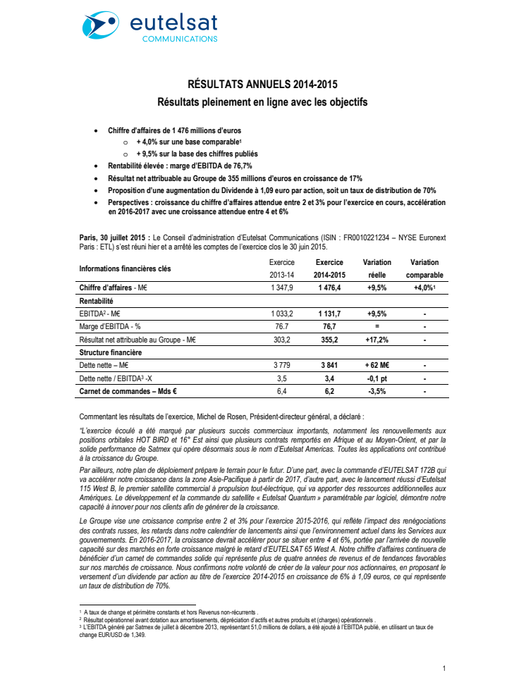 RÉSULTATS ANNUELS 2014-2015 