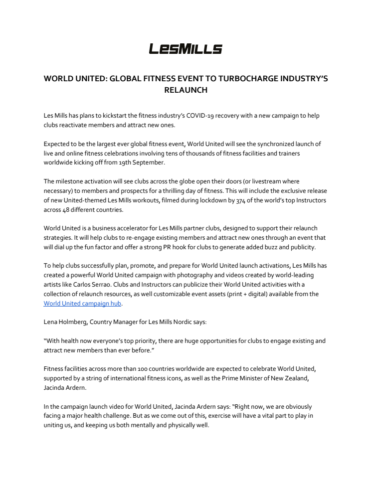 WORLD UNITED: GLOBAL FITNESS EVENT TO TURBOCHARGE INDUSTRY’S RELAUNCH