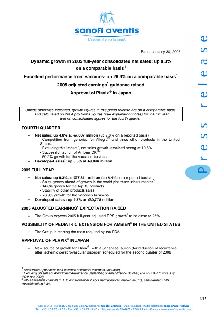 Dynamic growth in 2005 full-year consolidated net sales: up 9.3% on a comparable basis1