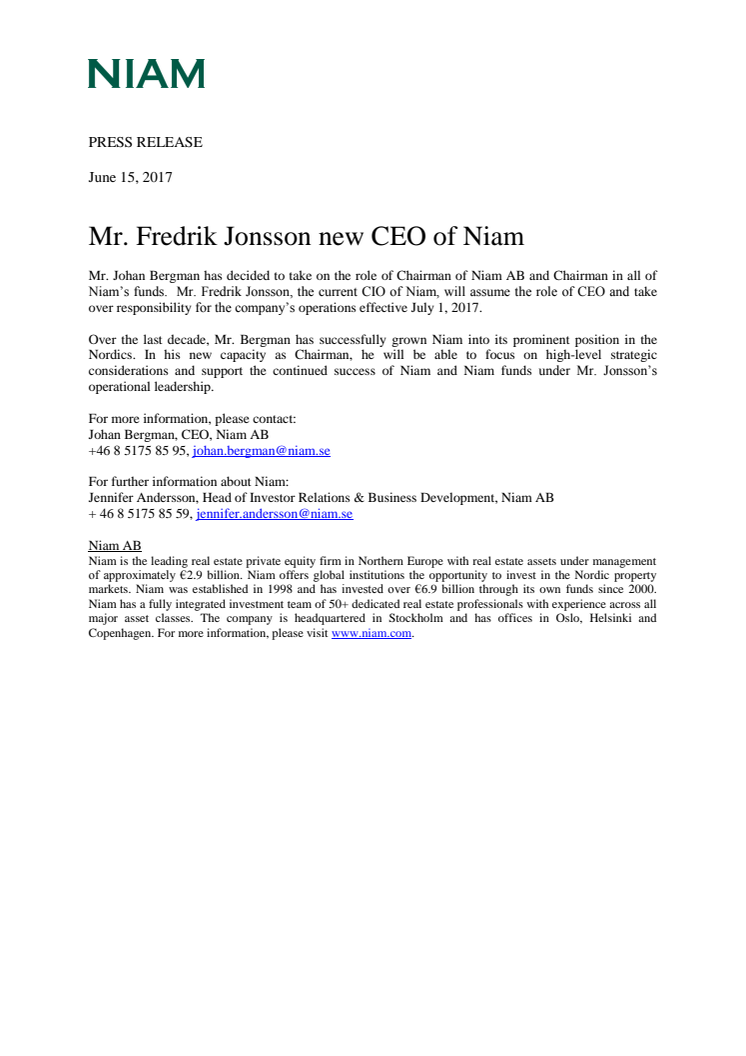 Mr. Fredrik Jonsson new CEO of Niam