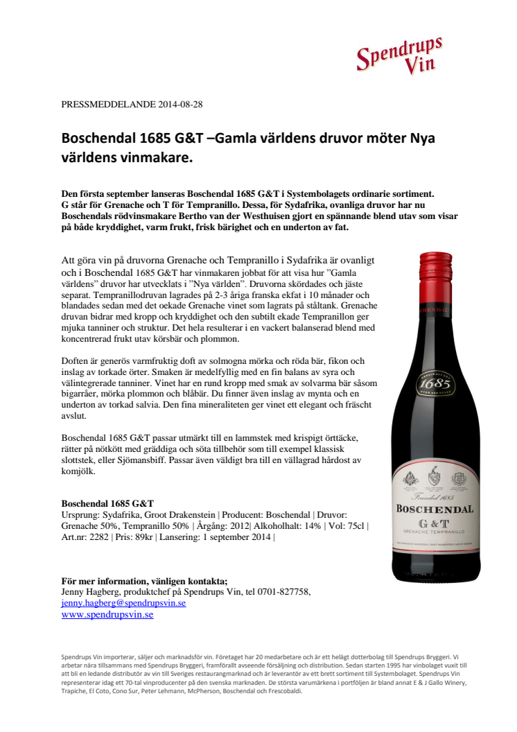 Boschendal 1685 G&T – Gamla världens druvor möter Nya världens vinmakare