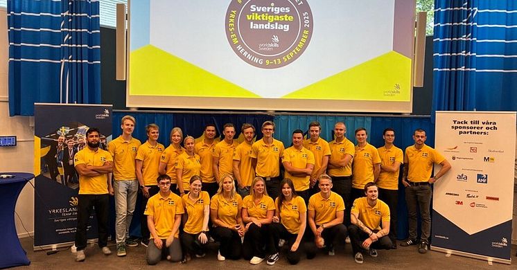 Gruppbild på yrkeslandslaget i sina gula tröjor och svenska flaggan på bröstet.