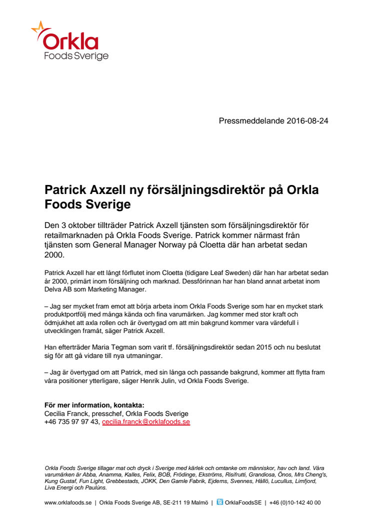 ​​​​​​​Patrick Axzell ny försäljningsdirektör på Orkla Foods Sverige