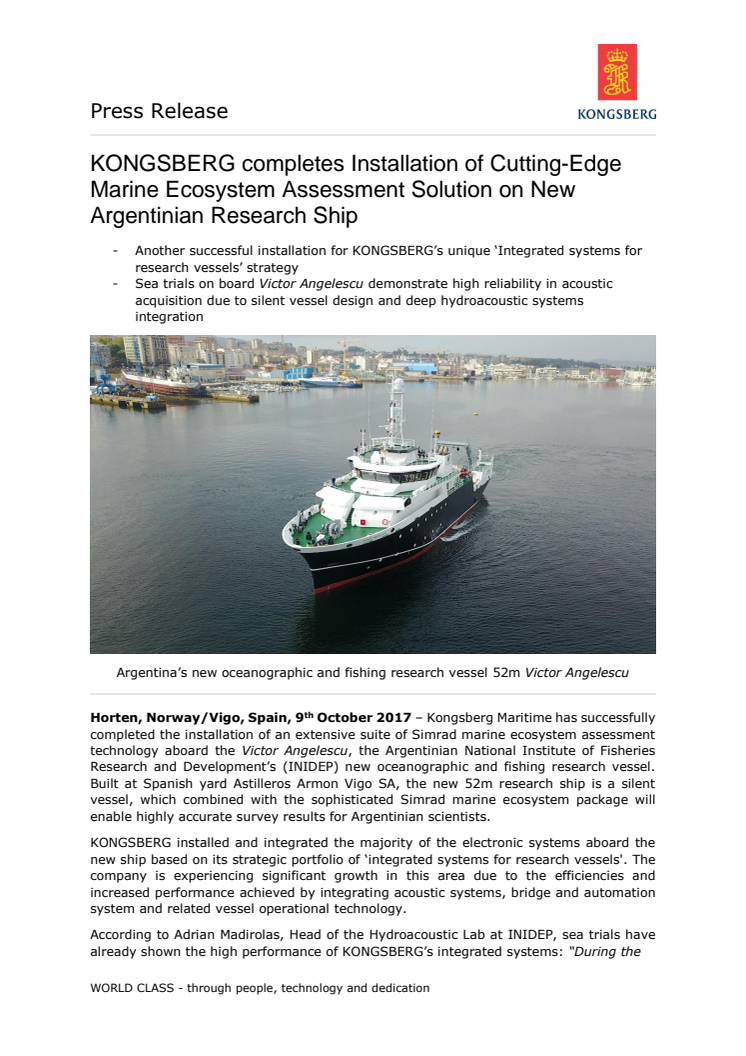 Kongsberg Maritime: KONGSBERG completes Installation of Cutting-Edge Marine Ecosystem Assessment Solution on New Argentinian Research Ship