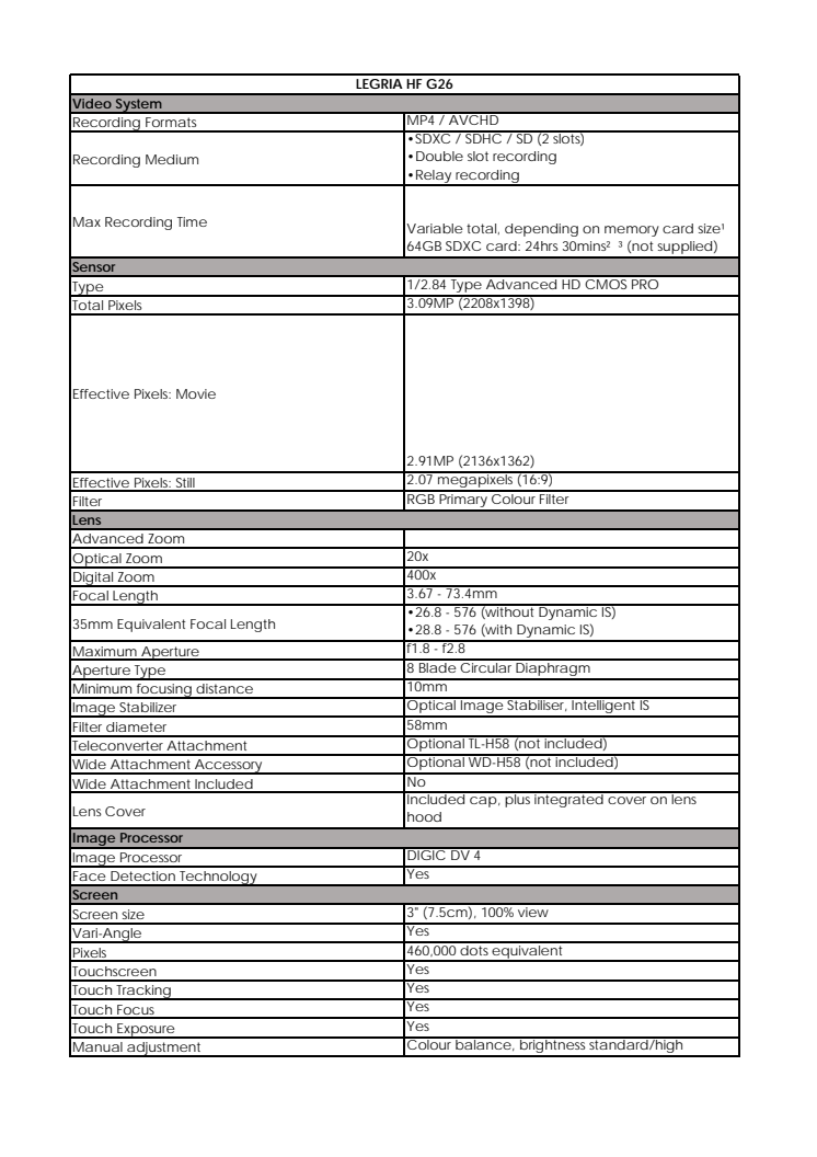 Canon Tekniska specifikationer LEGRIA HF G26