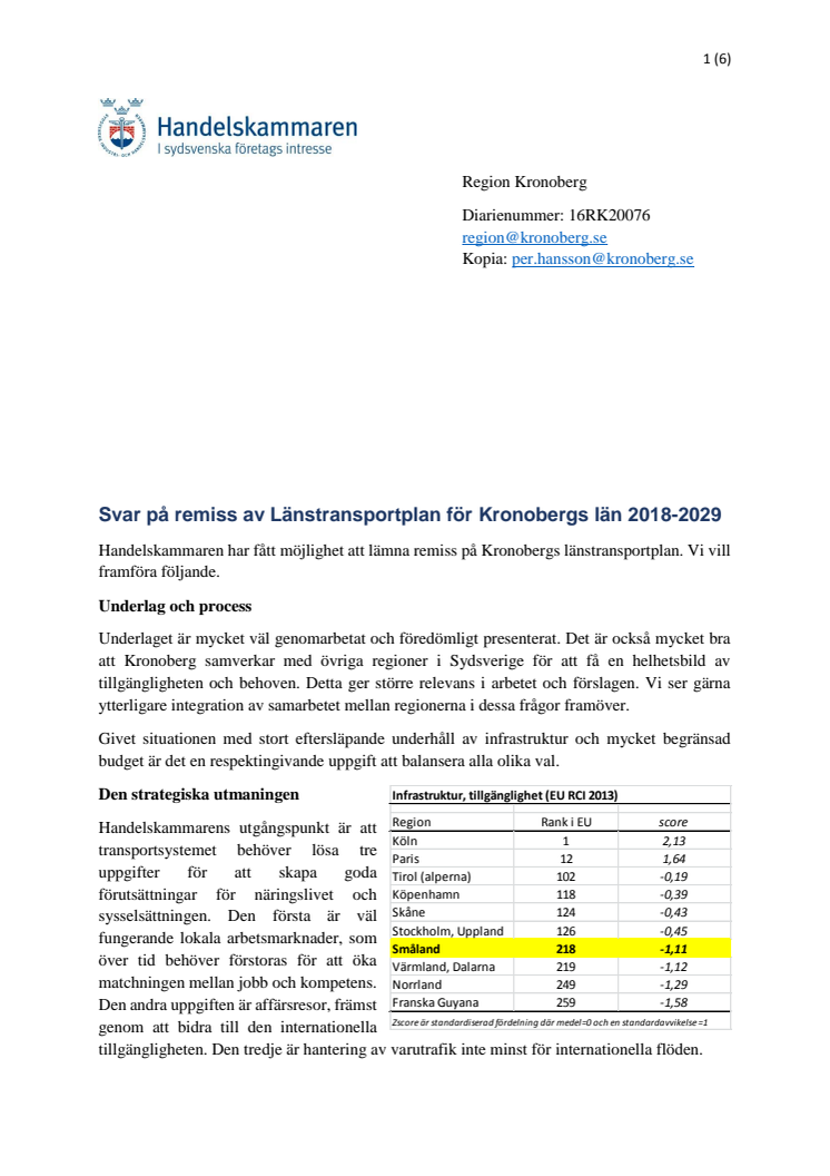 Svar på remiss av Länstransportplan för Kronobergs län 2018-2029