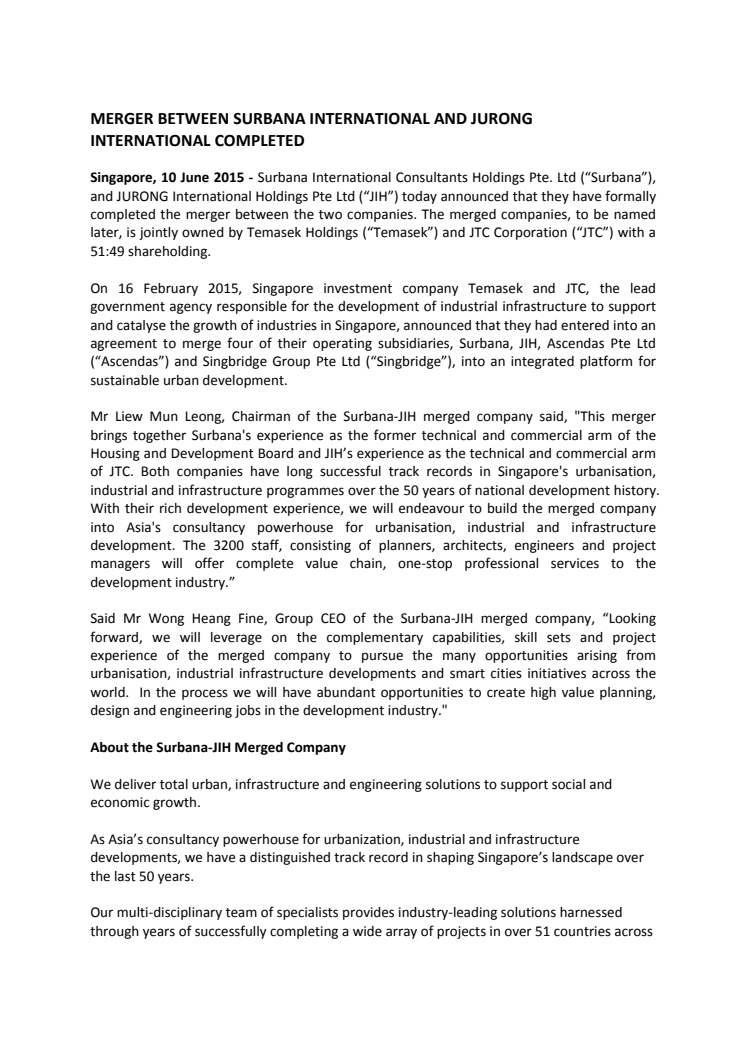 Merger between Surbana International and Jurong International Completed