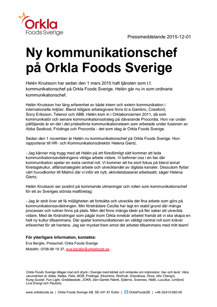 ​​​Ny kommunikationschef på Orkla Foods Sverige