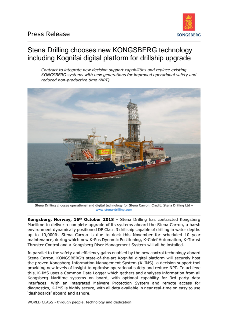 Kongsberg Maritime: Stena Drilling chooses new KONGSBERG technology including Kognifai digital platform for drillship upgrade