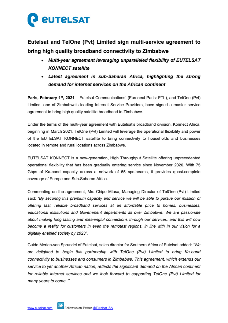 Eutelsat and TelOne (Pvt) Limited sign multi-service agreement to bring high quality broadband connectivity to Zimbabwe 