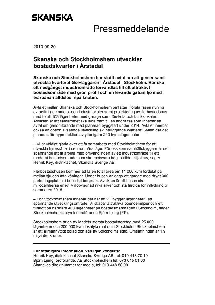 Skanska och Stockholmshem utvecklar bostadskvarter i Årstadal