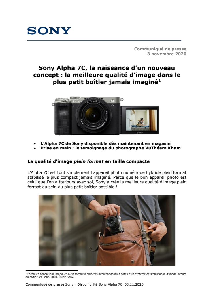 Sony Alpha 7C, la naissance d’un nouveau concept : la meilleure qualité d’image dans le plus petit boîtier jamais imaginé