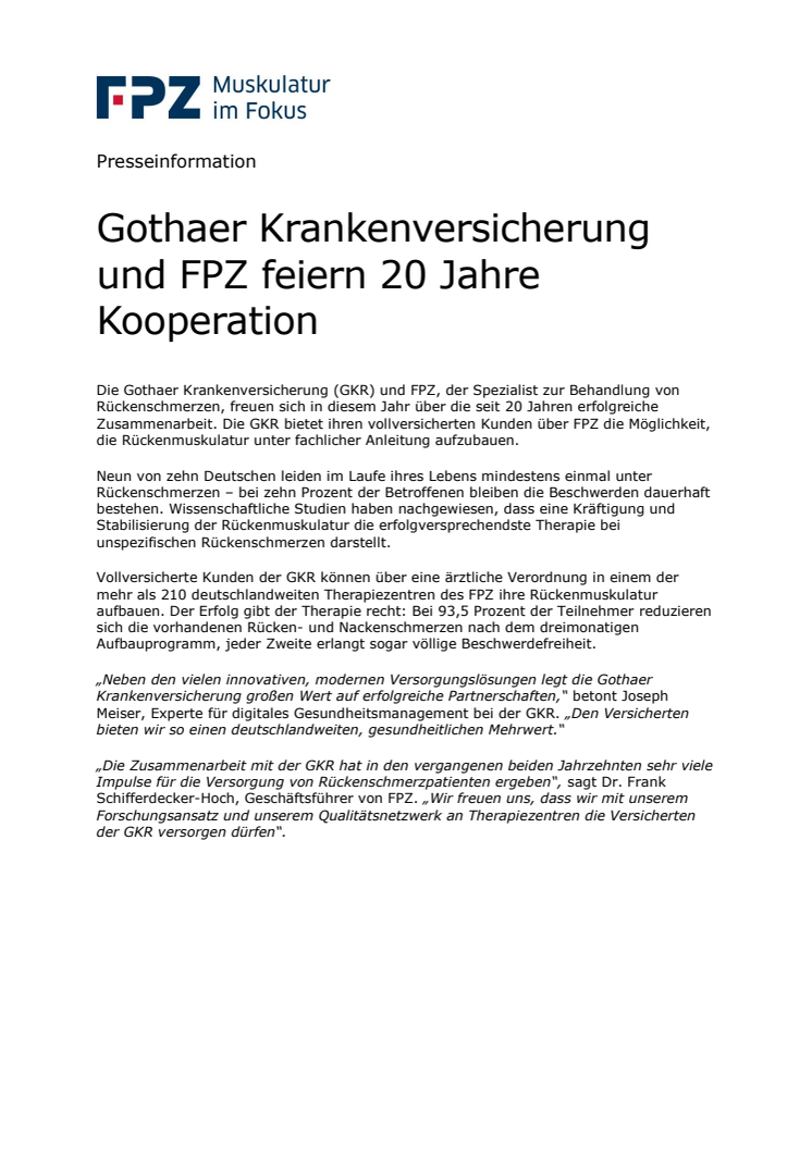 Gothaer Krankenversicherung und FPZ feiern 20 Jahre Kooperation