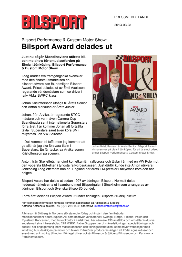 Bilsport Performance & Custom Motor Show: Bilsport Award delades ut 