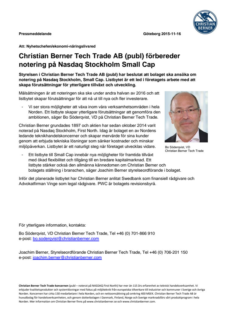 Christian Berner Tech Trade AB (publ) förbereder notering på Nasdaq Stockholm Small Cap