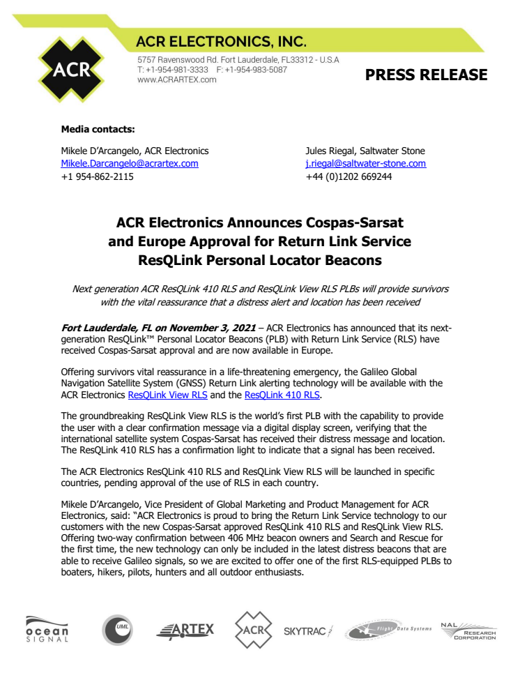 November 2021 - ACR Electronics Announces Cospas-Sarsat and Europe Approval for Return Link Service ResQLink PLBs.pdf