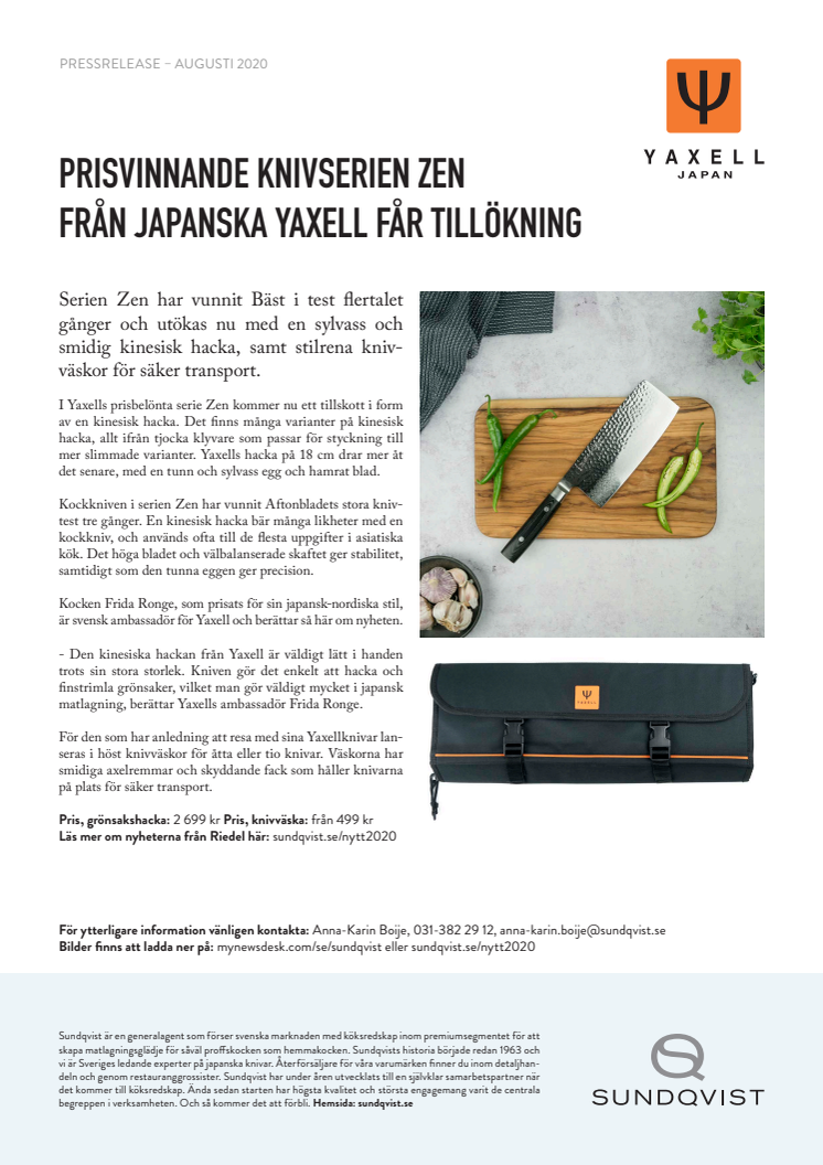 Prisvinnande knivserien Zen från japanska Yaxell får tillökning