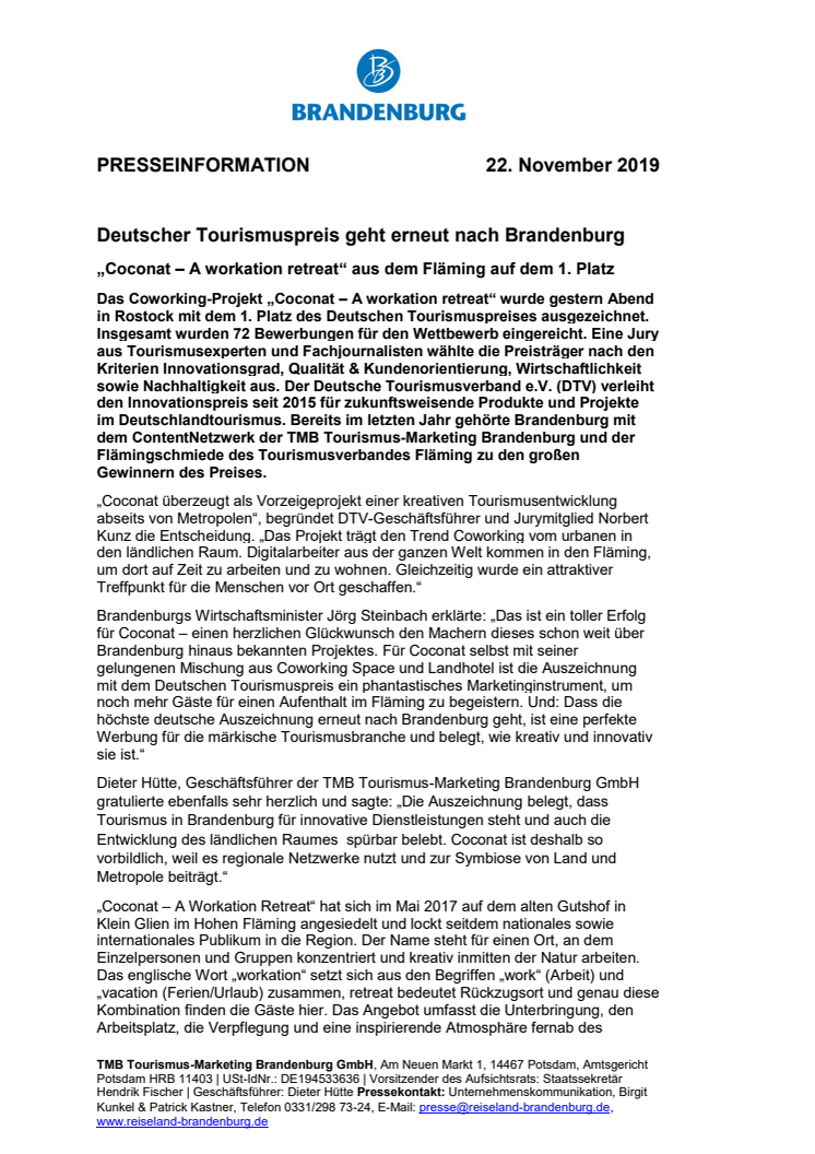 ​Deutscher Tourismuspreis geht erneut nach Brandenburg