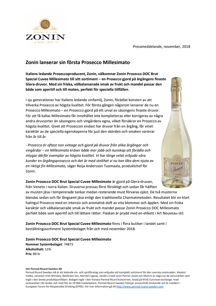 Zonin  lanserar sin första Prosecco Millesimato 