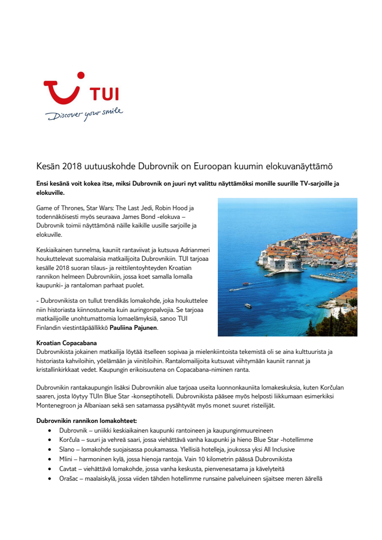 Kesän 2018 uutuuskohde Dubrovnik on Euroopan kuumin elokuvanäyttämö