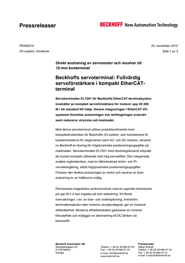 Fullvärdig servoförstärkare i kompakt EtherCAT-terminal från Beckhoff