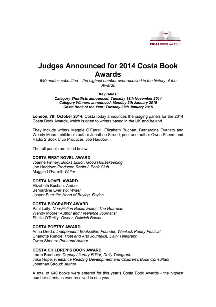 Judges Announced for 2014 Costa Book Awards