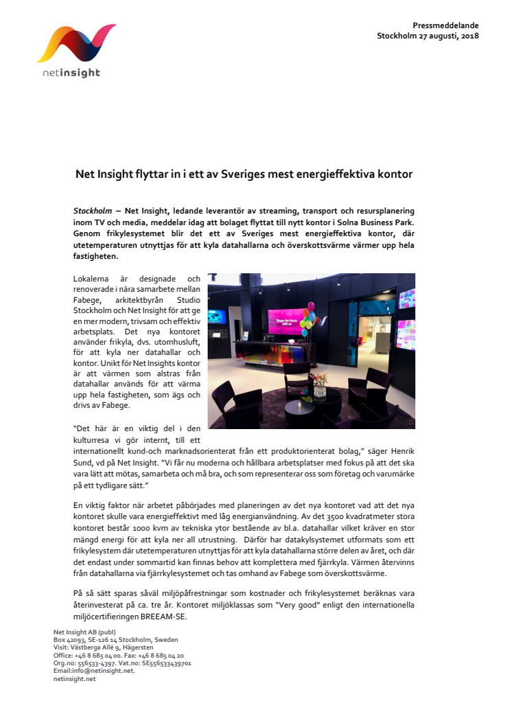 Net Insight flyttar in i ett av Sveriges mest energieffektiva kontor i Solna Business Park