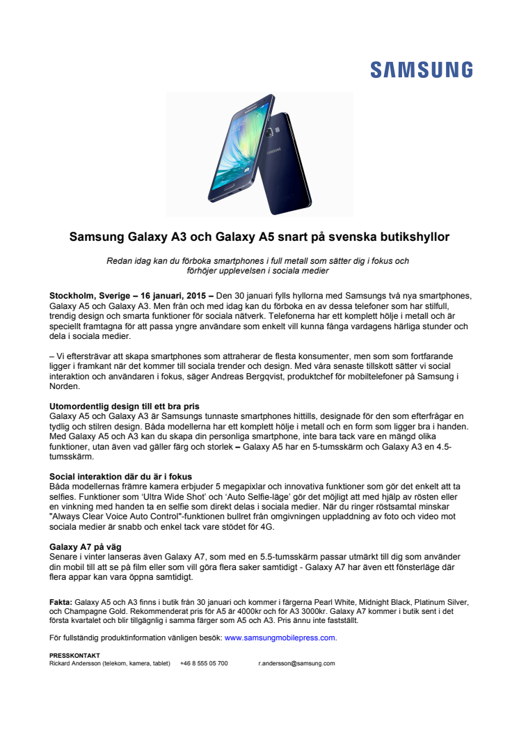 ​Samsung Galaxy A3 och Galaxy A5 snart på svenska butikshyllor