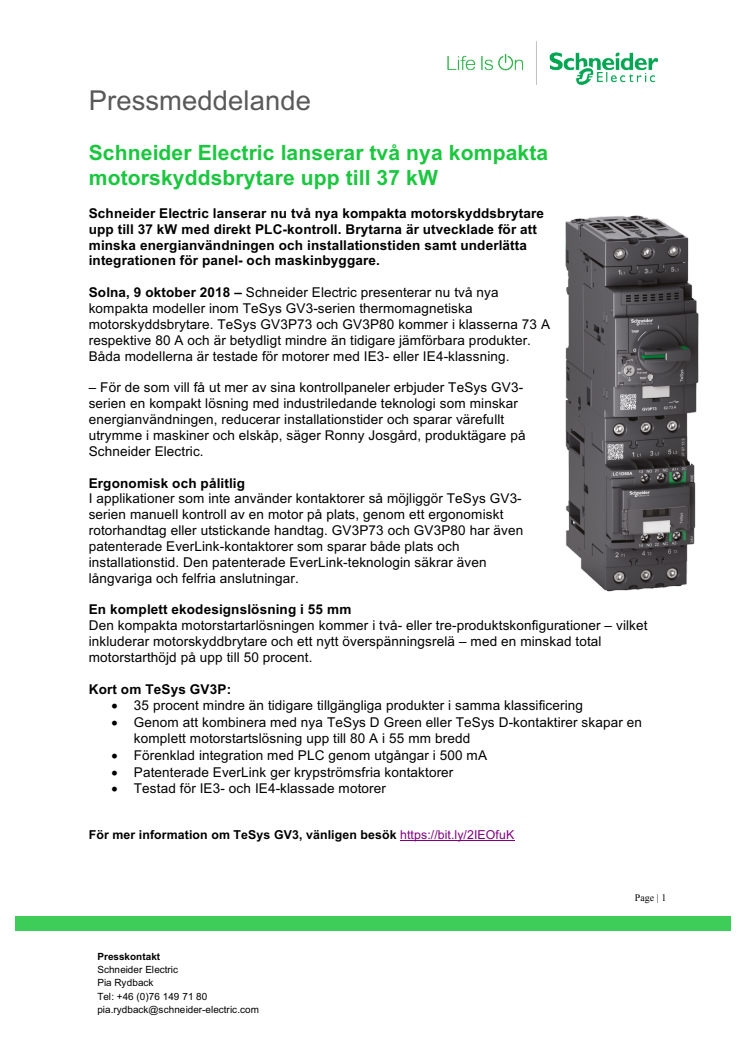 Schneider Electric lanserar två nya kompakta motorskyddsbrytare upp till 37 kW