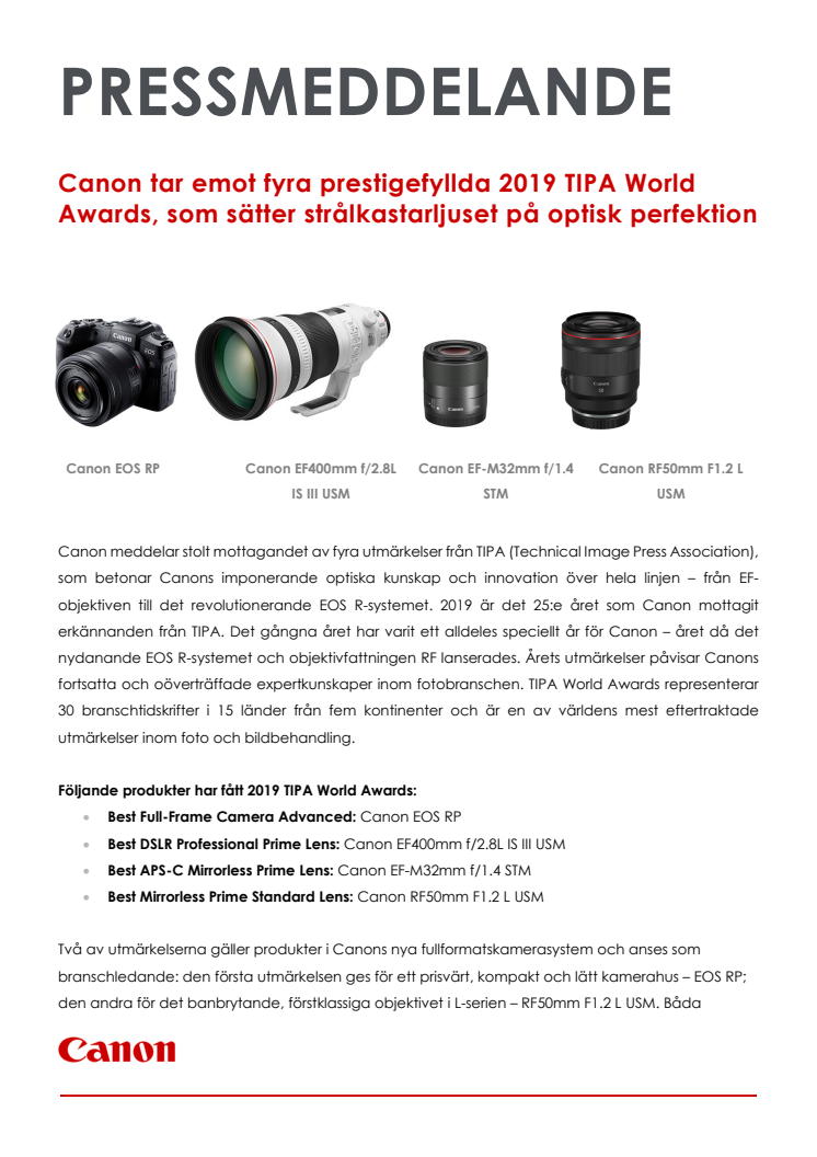 Canon tar emot fyra prestigefyllda 2019 TIPA World Awards.
