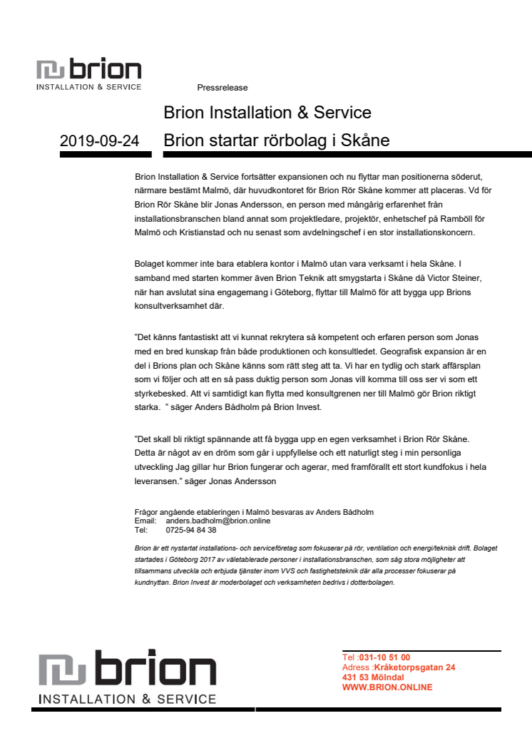 Brion Installation & Service, Brion startar rörbolag i Skåne