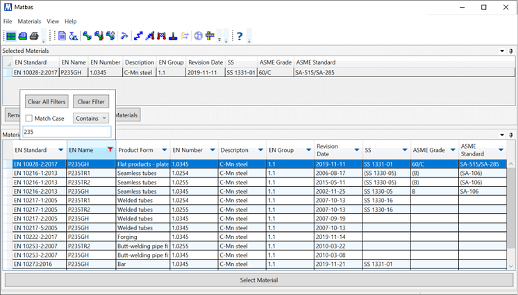 Screenshot: Filterfunktioner i Matbas PED