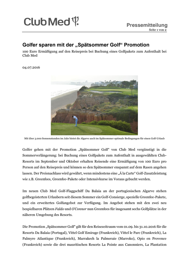 Golfer sparen mit der „Spätsommer Golf“ Promotion