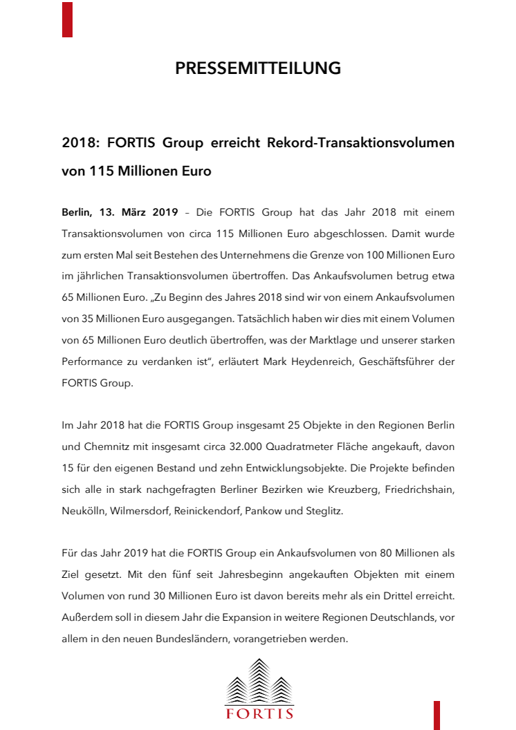 2018: FORTIS Group erreicht Rekord-Transaktionsvolumen von 115 Millionen Euro
