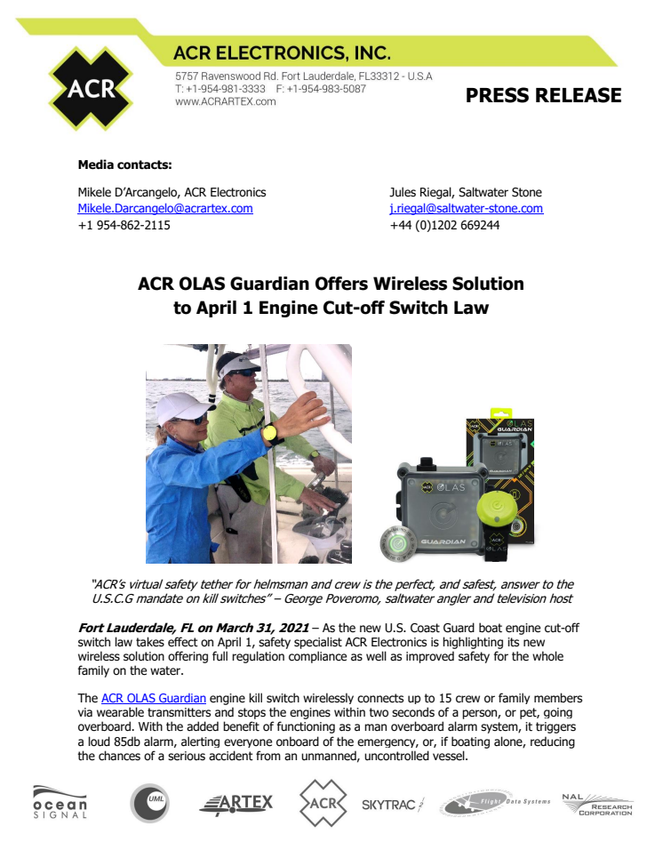 ACR OLAS Guardian Offers Wireless Solution to April 1 Engine Cut-off Switch Law