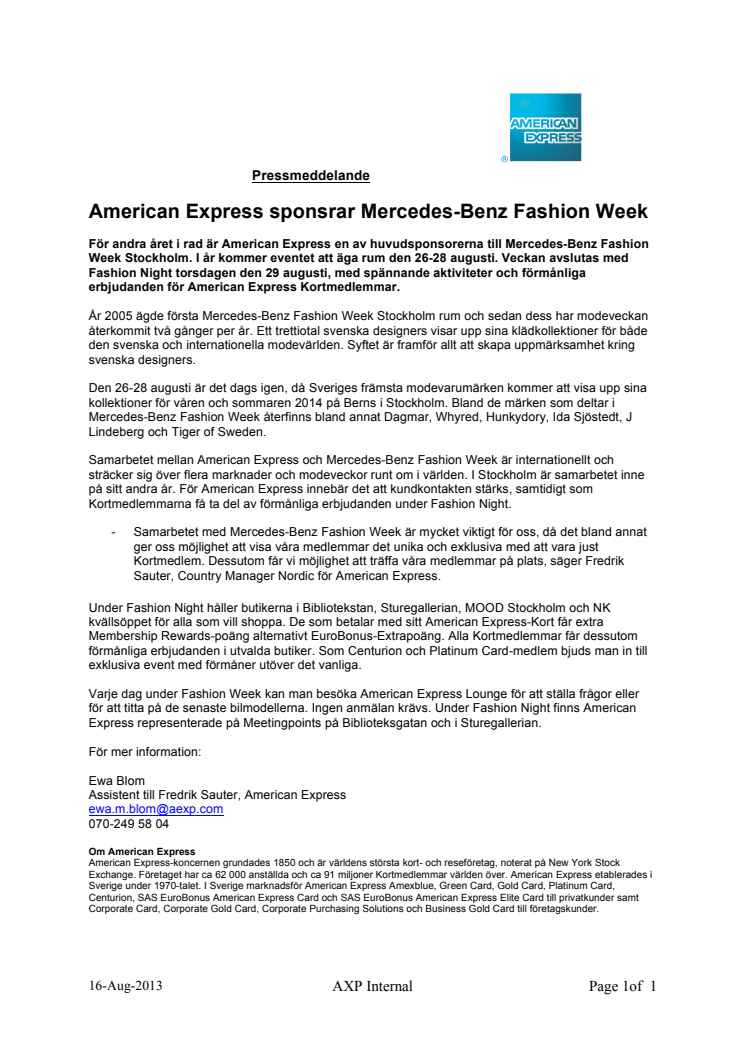 American Express sponsrar Mercedes-Benz Fashion Week