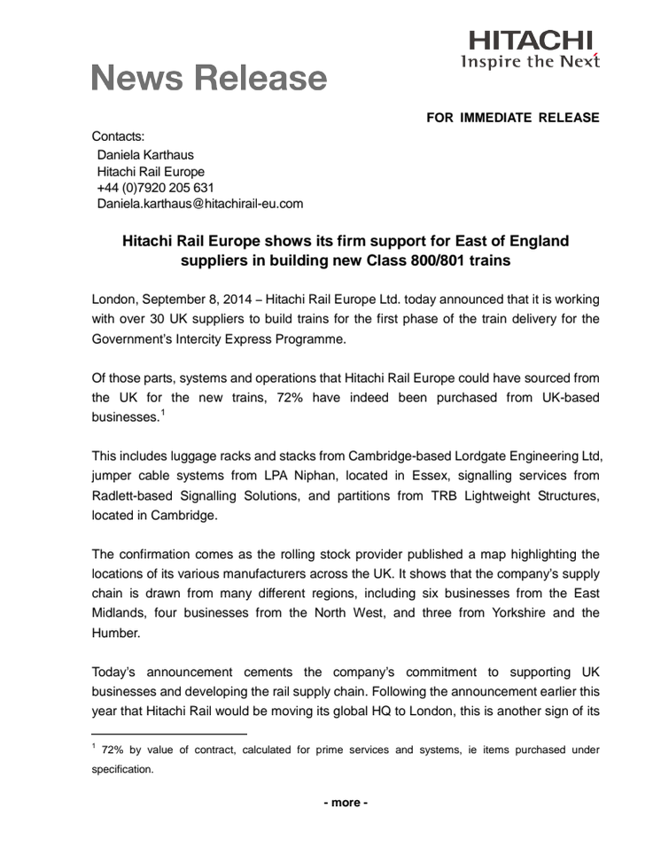 Hitachi Rail Europe shows its firm support for East of England suppliers in building new Class 800/801 trains