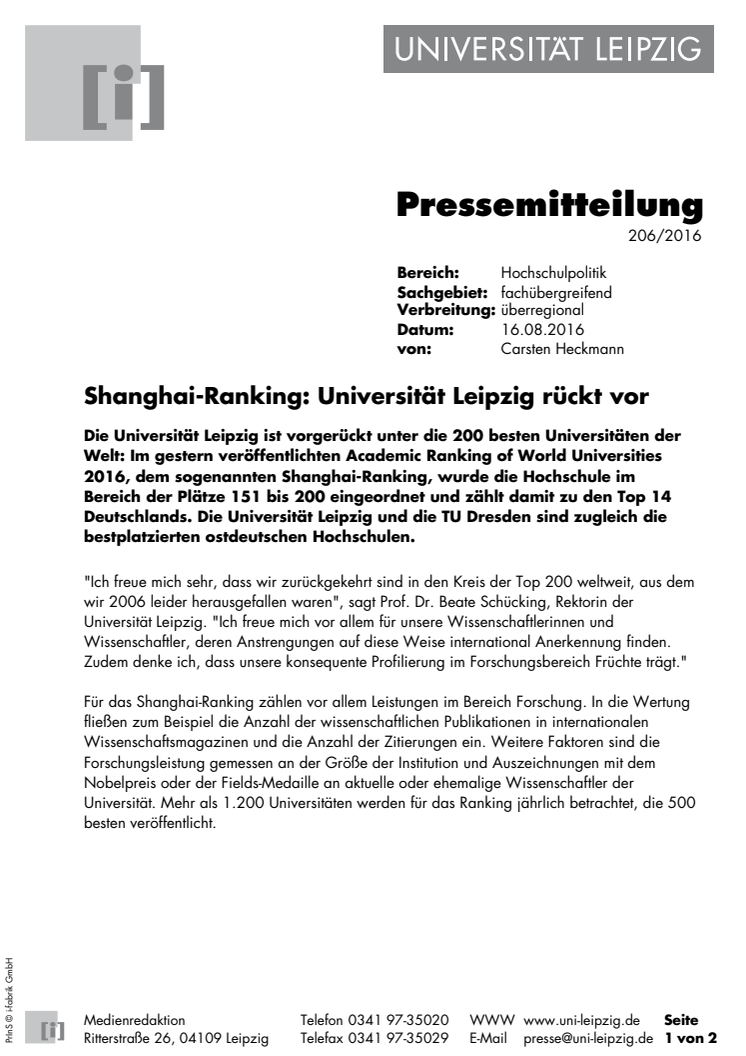 Shanghai Ranking: Universität Leipzig rückt vor