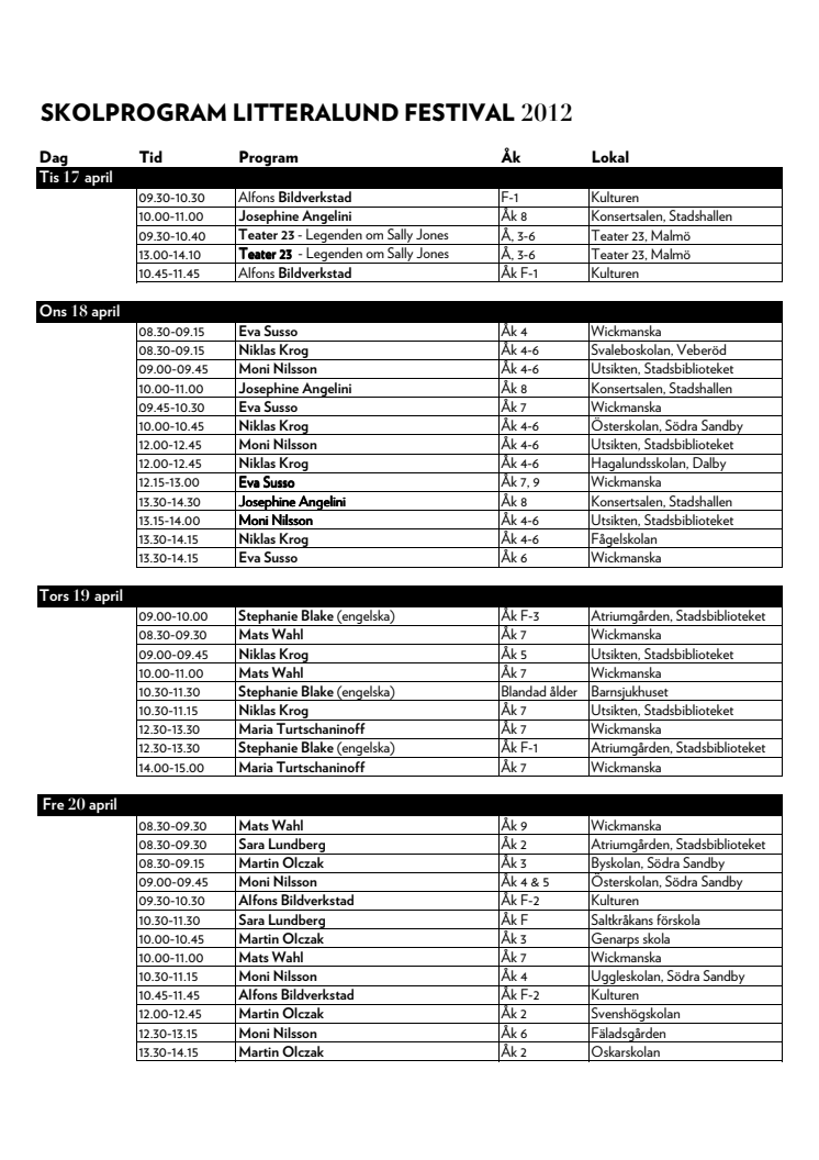 Schema för LitteraLunds skolprogam 17-20 april 2012