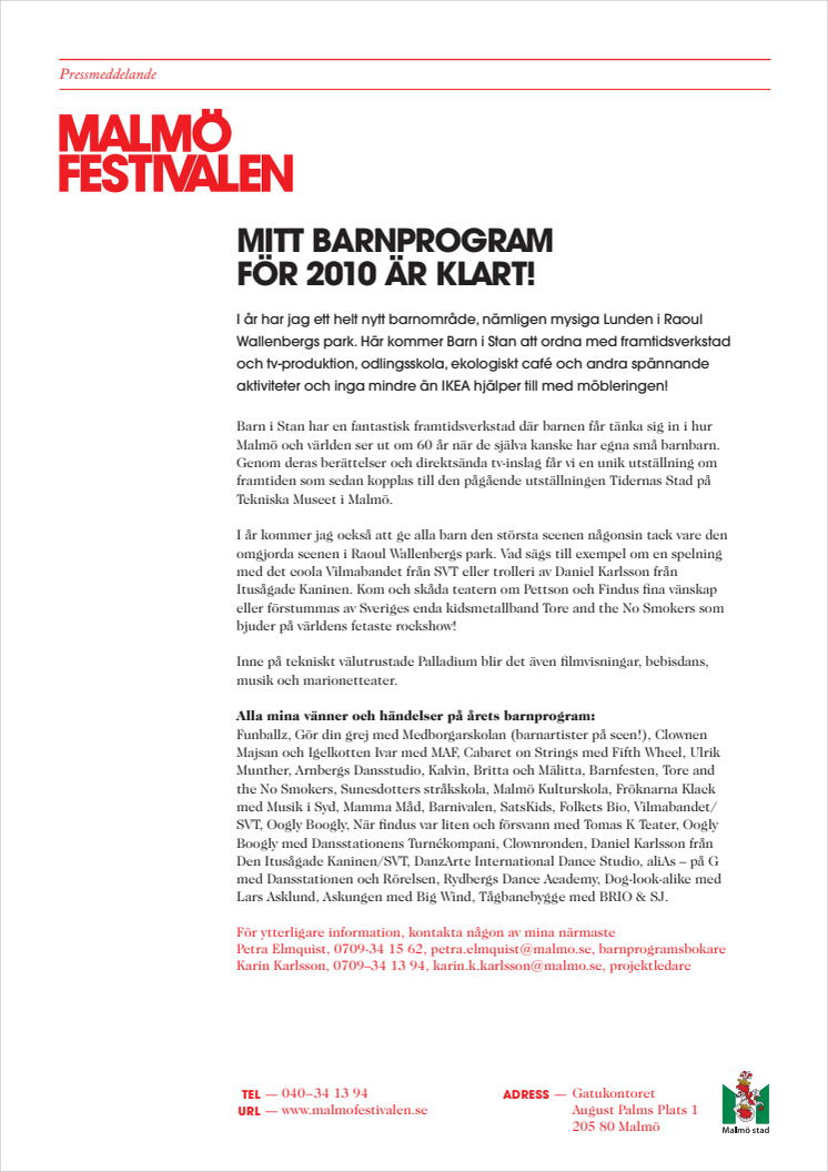 Malmöfestivalens barnprogram för 2010 är klart!