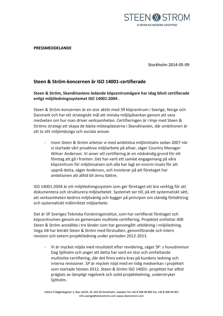 Steen & Ström-koncernen är ISO 14001-certifierade